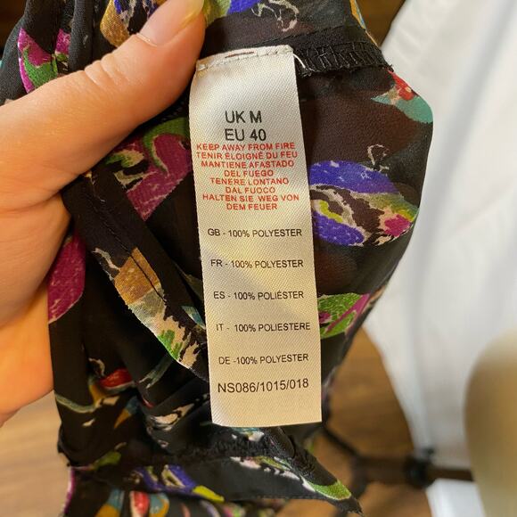 Uttam Boutique Sheer Blouse Size Medium Colorful Bird Tie Neck Button Down - Picture 9 of 15